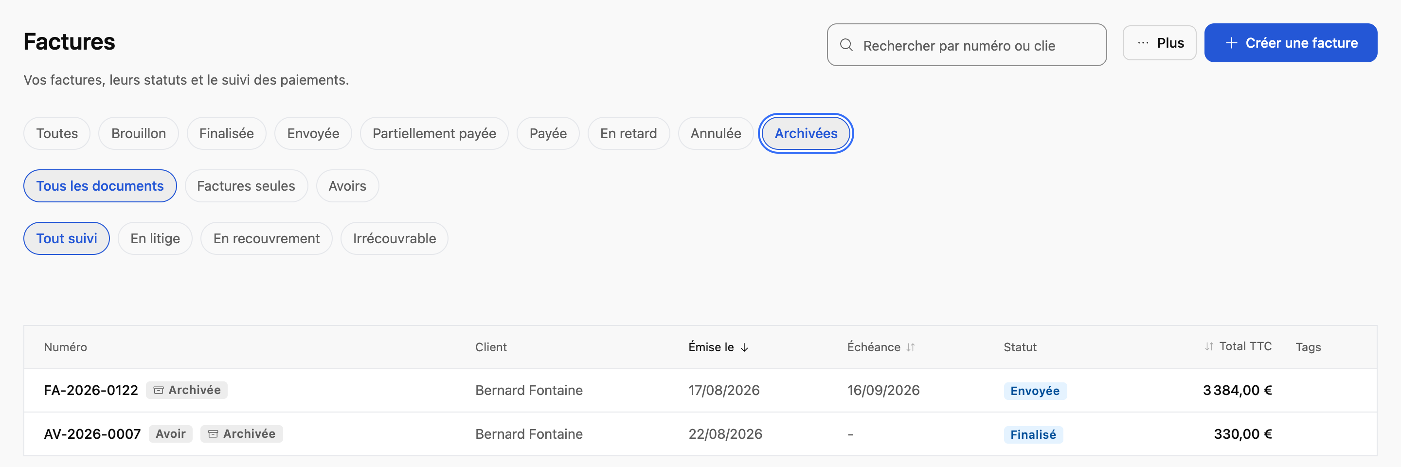 Liste des factures filtrée sur Archivées : une facture et un avoir marqués Archivée.
